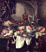 Abraham van Beijeren, Still life with fruit, roast, silver- and glassware, porcelain and columbine cup on a dark tablecloth with white serviette.